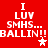 Red background with white pixelated text reading 'I LUV SMHS... BALLIN!!!' and two star symbols, one white and one pink.