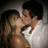 Pixelated image of two people kissing on left, red text on pink background right.
