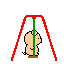 Pixelated animation of a beige cartoon hamster on a red swing with green ropes, showing four sequential poses against gray background.