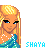 Pixel art portrait of a blonde woman with blue eyes wearing a teal dress, displayed across three with varying text colors beneath her image
