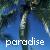 Pixelated tropical scene with palm trees and blue sky, featuring the word 'paradise' in white lowercase letters at bottom.