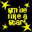 Yellow pixelated text 'smile like a star!' surrounded by yellow stars on black background, static image.