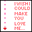 Pixelated text reads 'I WISH I COULD MAKE YOU LOVE ME...' in red-orange letters on white background with pink vertical line accents and a small pixel heart at bottom left.