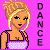 Pixel art icon of a blonde woman in a purple and white dress against a pink background with vertical "DANCE" text on the right.