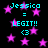 Pixelated cyan text 'Jessica = LEGIT!! <3' repeated across a black background with pink stars, displayed in two