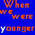 Blue background with orange, white, pink, and yellow text in a pattern displaying repeated phrases like 'When we were younger' and 'And talk smack', plus partial words