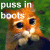 Animated contact sheet of a cartoon cat with orange fur and large eyes, wearing dark boots, standing on green grass background with text "puss in boots" above it across multiple frames showing slight animation changes.