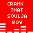 Red background with white pixelated text reading "CRANK THAT SOULJA BOY" and audio equalizer bars in two distinct arrangements.