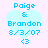 Light blue heart-shaped icon with cyan text reading "Paige & Brandon 8/3/07 <3" on a pale pink background.