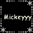 Black background with white dashed border and star motifs, displaying four identical "Mickeyyyy" text instances in pixelated font arranged in a