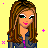 Pixelated female character with long brown hair, green eyes, and pink lips in blue jacket over purple top against yellow background with scattered pink crosses.