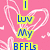 six distinct text-based icons with heart symbols, each featuring names and phrases on colorful backgrounds