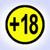 Yellow circular icon with black border containing black plus sign and '18' text on light blue background