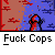 Animated contact sheet of pixel art stick figures in various poses against colored backgrounds with repeated text "Fuck Cops" below each frame.