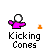 Pixelated character in pink outfit kicking orange cones with white head and arms extended, text 'Kicking Cones' below.