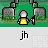 Pixelated character in yellow shirt and white helmet holds French flag near stone structures on green background with repeated 'jh' text below.