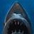 Animated contact sheet showing a shark's mouth opening and closing with repeated text on blue background, set against ocean scene with boat in distance.