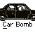 A 4x4 contact sheet of pixel art frames showing a car bomb animation sequence with vehicle, timer, explosion, and debris stages.