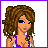 A 3x3 contact sheet of a pixel-art animated buddy icon featuring a female character with curly brown hair, blue eyes, and changing expressions/poses across frames, accompanied by text phrases about playing together.