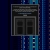 Pixelated static image of a dark elevator with double doors, framed by a lighter border against a blue digital background.