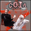 A man in a black shirt and white pants reclines with legs raised, holding a bottle under 'COla FEET' text on a red-and-gray background.