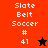 Two side-by-side display "Slate Belt Soccer #41" text with a star icon; left has red background with black star, right has brown background with orange star