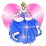 Pixelated cartoon character in blue gown with white accents, standing against pink heart-shaped background with radiating lines.