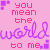 A static image with a pink background featuring repeated text in red and purple, including "you mean the world to me"