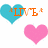 Pixelated heart-shaped icons with orange text overlays on a white background, featuring blue and pink hearts.
