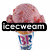 Pink ice cream scoop with red speckles in a cone, text overlays change across frames.
