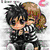 Two anime-style characters embrace, one with brown hair and the other with dark hair, against a white background with faint pink hearts.