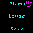 Pixelated cyan text 'Gizem', 'Loves', and 'Sezz' on black background with pink heart symbol in left frame.