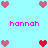 Pixelated heart icons and pink text 'hannah' on a light blue background with static composition.