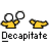 Animated contact sheet showing two frames of a yellow stick figure icon with white circular heads, one frame displaying the full text "Decapitate" and red "badass buddy .com" branding above it.