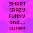 Pixelated text on a pink background with purple circular shapes, displaying 'SMART CRAZY FUNNY and... CUTE!!!' in two identical vertical