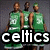 Three basketball players in green jerseys with white numbers stand side-by-side; the word "celtics" appears below them.
