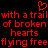 Red pixelated text on black background with a broken heart symbol above the text, repeating 'with a trail of broken hearts flying free' in two