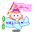 Pixelated character with orange hair and purple headband rides light blue airplane with 'HELLO' text, holding pink flag with red symbols, in four animation states.
