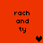 Red background with black text 'rach and ty' repeated four times, two pixelated hearts in center and right side.