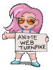 Pixelated character with pink hair and sunglasses holds a sign reading 'ANIME WEB TURNPIKE' while giving thumbs-up gestures in two sequential poses.