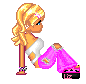 Pixel art of a blonde woman in pink pants and white top leaning on a pole, with three variations showing different eye colors and one with closed eyes.