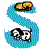 Animated icon with blue S-shaped path, white dog with black patches, yellow cat, and yellow object; dog changes pose across frames.