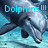 Pixelated image of a dolphin leaping from water with cyan text reading "Dolph ins !!!" above it.