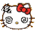 Pixelated Hello Kitty face with red bow, spiral eyes, and small yellow nose; left side shows black-and-white checkered pattern on ear while right side has solid dark ear.