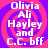 Four identical pixelated text on a pink-purple spiral background with white lettering reading "Olivia Ali Hayley and C.C. bff"