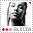Black-and-white pixelated portrait of a woman with closed eyes, red corner markers, pink and red plus signs, and 'ALICIA' text below.