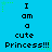 Blue background with repeated pixelated text "I am a cute Princess!!!" in black, surrounded by green star-like shapes.