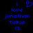 Blue pixelated text and symbols on black background, with one version showing a heart symbol above 'i love jonathan tullus <3' and another without the heart.