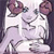 Static 50x50 pixel icon of a cartoon girl with purple hair and white dress, holding two pink roses against dark background.
