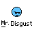 A pixelated blue circular icon with black sunglasses and a straight mouth, positioned above black and white pixelated text reading "Mr. Disgust" on a gray background.